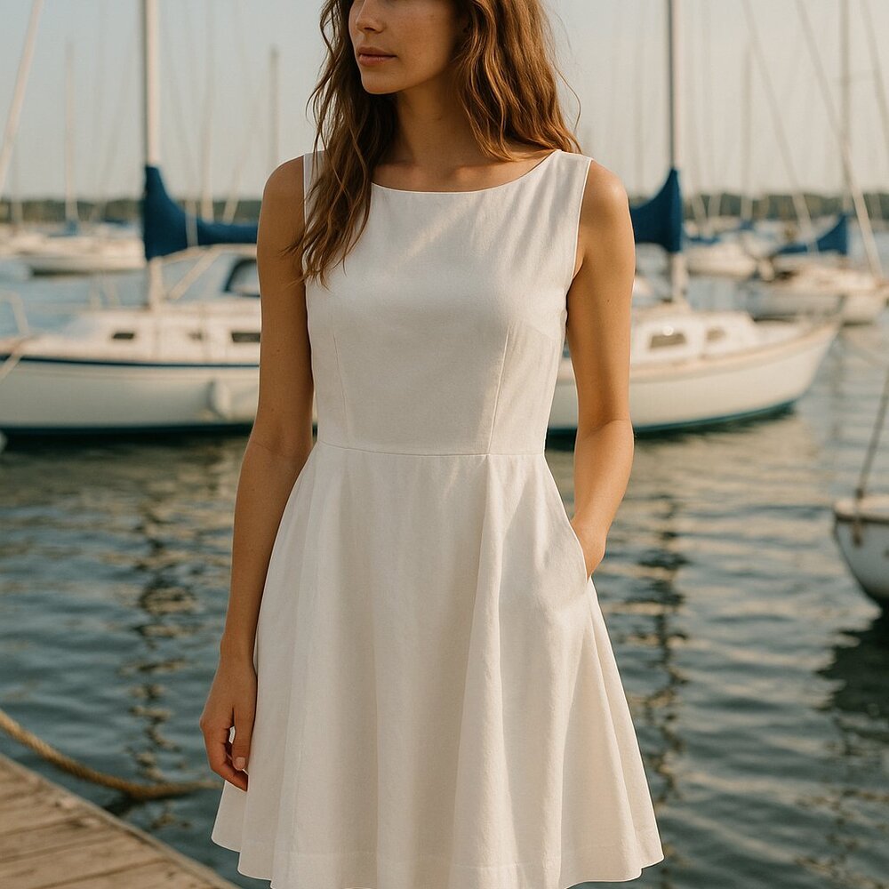 Ralph Lauren White Cotton Pique Fit & Flare Dress Nautical A-Line 14 Coastal - Picture 2 of 8
